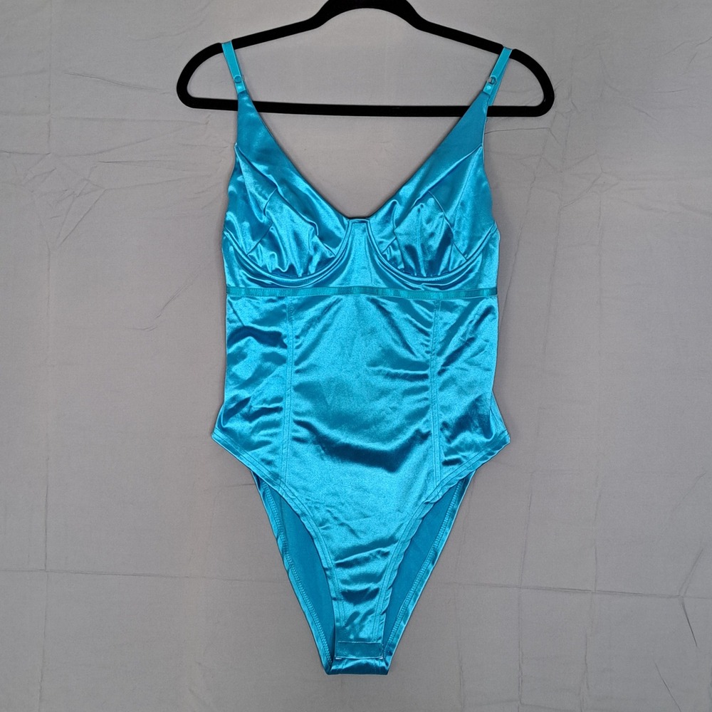 Velius Satin Bodysuit Womens L Turquoise Underwire Bustier High Cut Rave NWOT